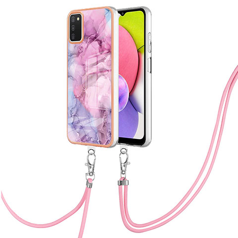 Handyhülle Silikon Hülle Gummi Schutzhülle Flexible Modisch Muster mit Schlüsselband Lanyard YB7 für Samsung Galaxy A02s Helles Lila