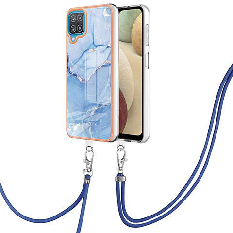 Handyhülle Silikon Hülle Gummi Schutzhülle Flexible Modisch Muster mit Schlüsselband Lanyard YB7 für Samsung Galaxy A12 Blau