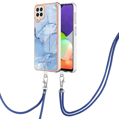 Handyhülle Silikon Hülle Gummi Schutzhülle Flexible Modisch Muster mit Schlüsselband Lanyard YB7 für Samsung Galaxy A22 4G Blau