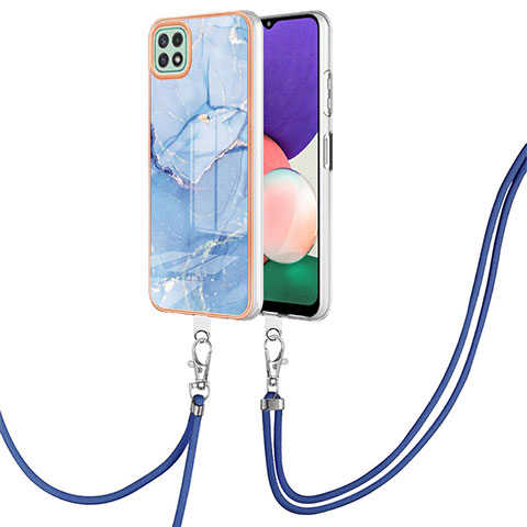 Handyhülle Silikon Hülle Gummi Schutzhülle Flexible Modisch Muster mit Schlüsselband Lanyard YB7 für Samsung Galaxy A22 5G Blau