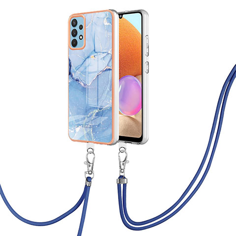 Handyhülle Silikon Hülle Gummi Schutzhülle Flexible Modisch Muster mit Schlüsselband Lanyard YB7 für Samsung Galaxy A32 4G Blau