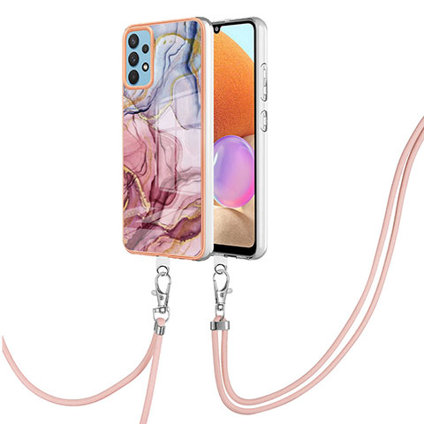 Handyhülle Silikon Hülle Gummi Schutzhülle Flexible Modisch Muster mit Schlüsselband Lanyard YB7 für Samsung Galaxy A32 4G Rosa