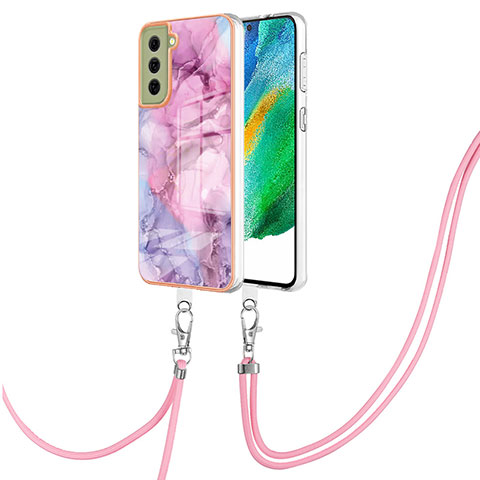 Handyhülle Silikon Hülle Gummi Schutzhülle Flexible Modisch Muster mit Schlüsselband Lanyard YB7 für Samsung Galaxy S21 FE 5G Helles Lila