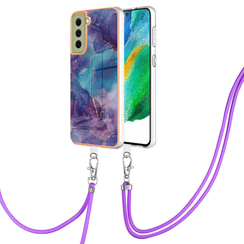 Handyhülle Silikon Hülle Gummi Schutzhülle Flexible Modisch Muster mit Schlüsselband Lanyard YB7 für Samsung Galaxy S21 FE 5G Violett