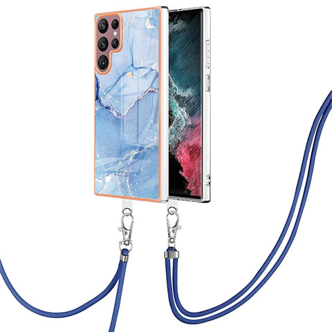 Handyhülle Silikon Hülle Gummi Schutzhülle Flexible Modisch Muster mit Schlüsselband Lanyard YB7 für Samsung Galaxy S22 Ultra 5G Blau