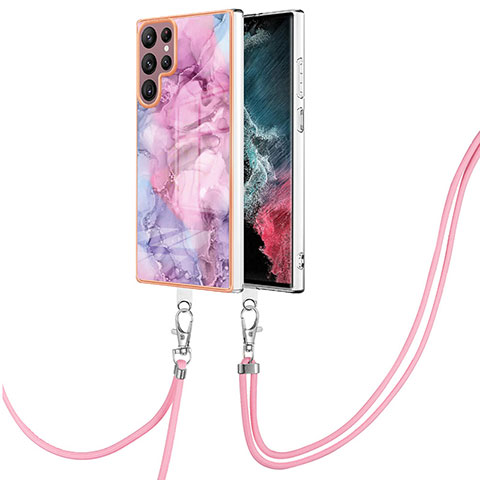 Handyhülle Silikon Hülle Gummi Schutzhülle Flexible Modisch Muster mit Schlüsselband Lanyard YB7 für Samsung Galaxy S22 Ultra 5G Helles Lila