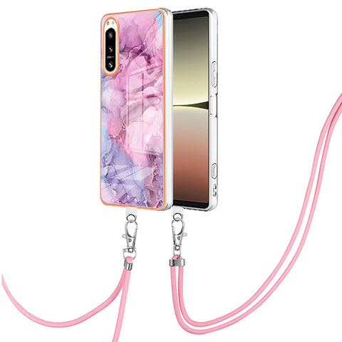 Handyhülle Silikon Hülle Gummi Schutzhülle Flexible Modisch Muster mit Schlüsselband Lanyard YB7 für Sony Xperia 5 IV Helles Lila