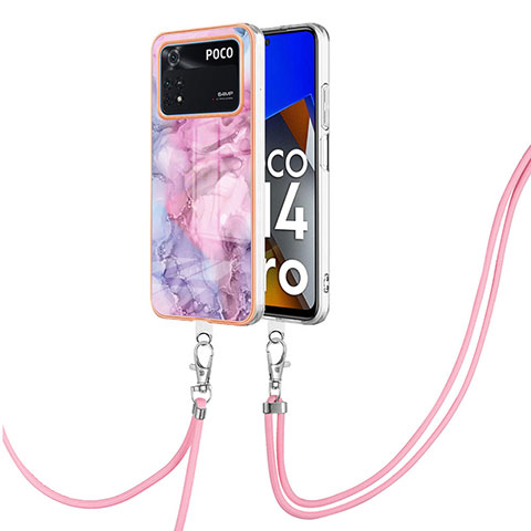 Handyhülle Silikon Hülle Gummi Schutzhülle Flexible Modisch Muster mit Schlüsselband Lanyard YB7 für Xiaomi Poco M4 Pro 4G Helles Lila