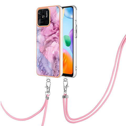 Handyhülle Silikon Hülle Gummi Schutzhülle Flexible Modisch Muster mit Schlüsselband Lanyard YB7 für Xiaomi Redmi 10 India Helles Lila