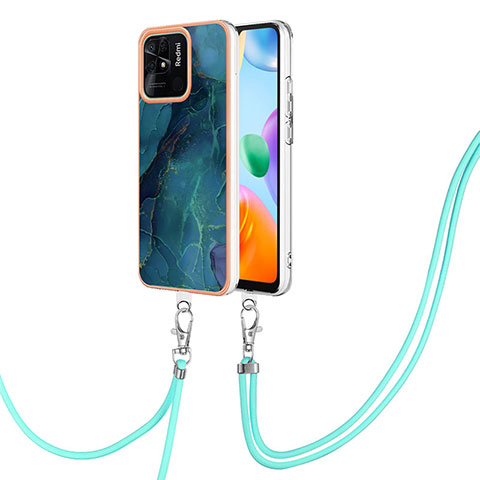 Handyhülle Silikon Hülle Gummi Schutzhülle Flexible Modisch Muster mit Schlüsselband Lanyard YB7 für Xiaomi Redmi 10C 4G Grün