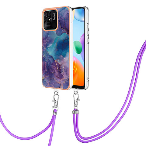 Handyhülle Silikon Hülle Gummi Schutzhülle Flexible Modisch Muster mit Schlüsselband Lanyard YB7 für Xiaomi Redmi 10C 4G Violett