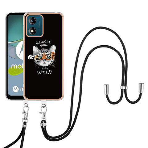 Handyhülle Silikon Hülle Gummi Schutzhülle Flexible Modisch Muster mit Schlüsselband Lanyard YB8 für Motorola Moto E13 Schwarz