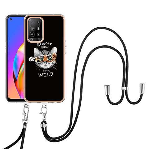 Handyhülle Silikon Hülle Gummi Schutzhülle Flexible Modisch Muster mit Schlüsselband Lanyard YB8 für Oppo A94 5G Schwarz