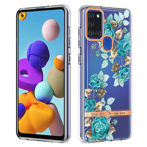 Handyhülle Silikon Hülle Gummi Schutzhülle Flexible Modisch Muster Y06B für Samsung Galaxy A21s Cyan