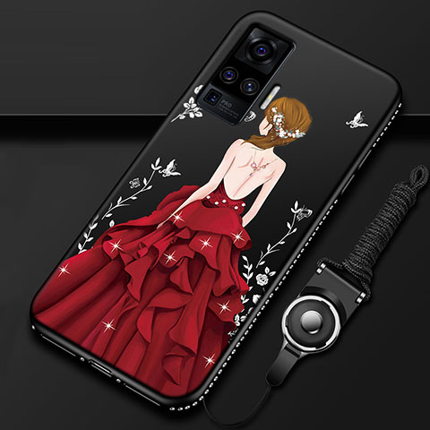 Handyhülle Silikon Hülle Gummi Schutzhülle Flexible Motiv Kleid Mädchen für Vivo X50 Pro 5G Rot und Schwarz