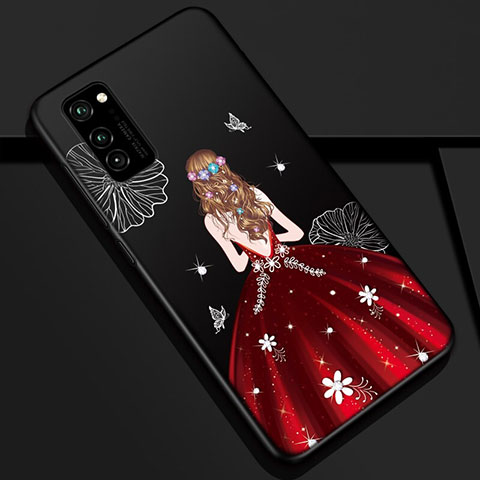 Handyhülle Silikon Hülle Gummi Schutzhülle Flexible Motiv Kleid Mädchen S01 für Huawei Honor View 30 5G Rot und Schwarz
