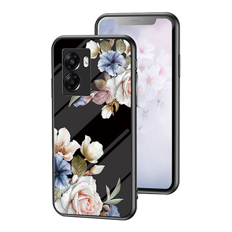 Handyhülle Silikon Hülle Rahmen Schutzhülle Spiegel Blumen für Oppo A56S 5G Schwarz