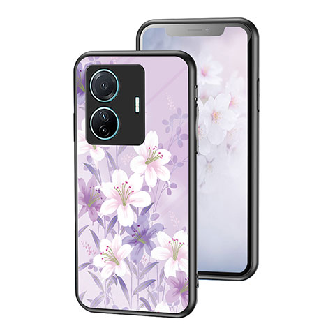 Handyhülle Silikon Hülle Rahmen Schutzhülle Spiegel Blumen für Vivo iQOO Z6 Pro 5G Helles Lila