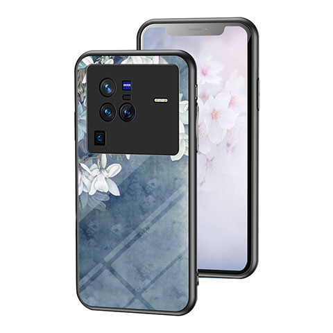 Handyhülle Silikon Hülle Rahmen Schutzhülle Spiegel Blumen für Vivo X80 Pro 5G Blau