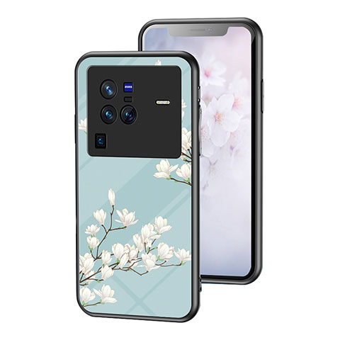 Handyhülle Silikon Hülle Rahmen Schutzhülle Spiegel Blumen für Vivo X80 Pro 5G Cyan