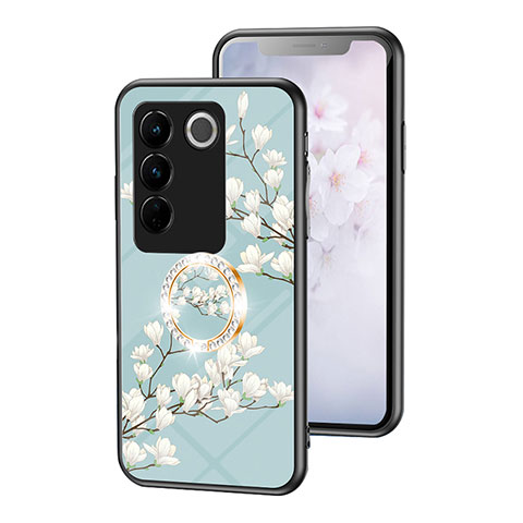 Handyhülle Silikon Hülle Rahmen Schutzhülle Spiegel Blumen S01 für Vivo V27 Pro 5G Cyan