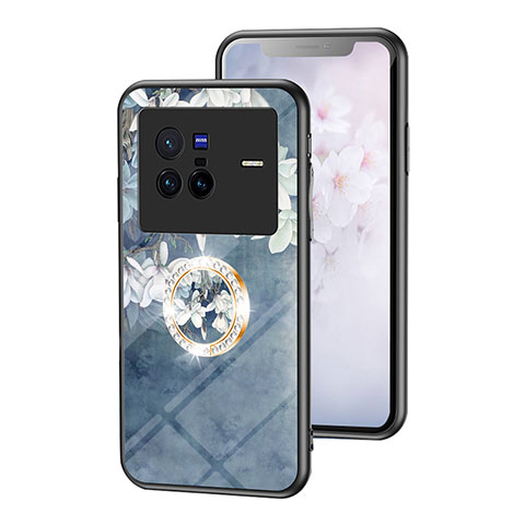 Handyhülle Silikon Hülle Rahmen Schutzhülle Spiegel Blumen S01 für Vivo X80 5G Blau