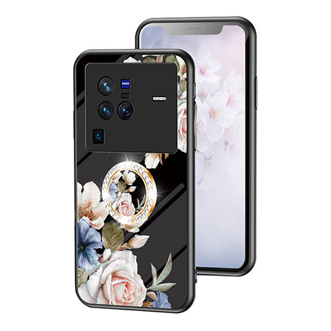 Handyhülle Silikon Hülle Rahmen Schutzhülle Spiegel Blumen S01 für Vivo X80 Pro 5G Schwarz