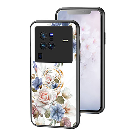 Handyhülle Silikon Hülle Rahmen Schutzhülle Spiegel Blumen S01 für Vivo X80 Pro 5G Weiß