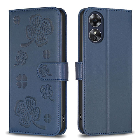 Handytasche Stand Schutzhülle Flip Leder Hülle Blumen BF1 für Oppo A17 Blau