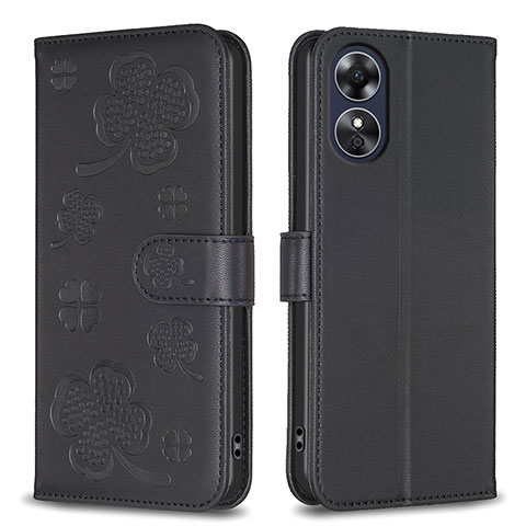 Handytasche Stand Schutzhülle Flip Leder Hülle Blumen BF1 für Oppo A17 Schwarz