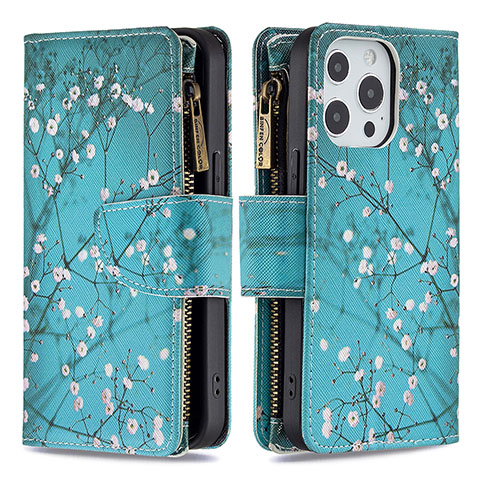 Handytasche Stand Schutzhülle Flip Leder Hülle Blumen für Apple iPhone 13 Pro Cyan