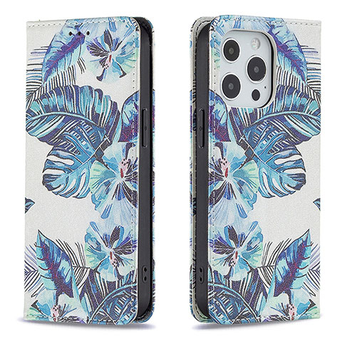 Handytasche Stand Schutzhülle Flip Leder Hülle Blumen für Apple iPhone 14 Pro Max Blau