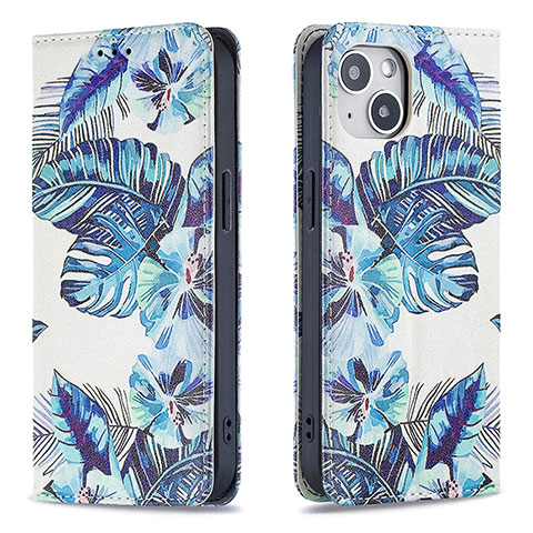 Handytasche Stand Schutzhülle Flip Leder Hülle Blumen für Apple iPhone 15 Blau