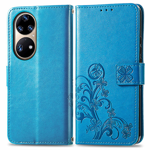 Handytasche Stand Schutzhülle Flip Leder Hülle Blumen für Huawei P50 Blau