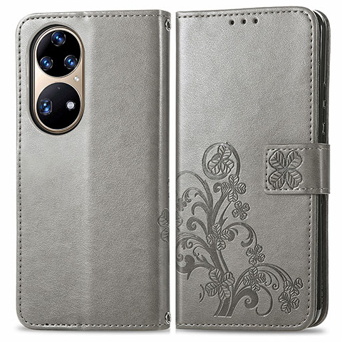 Handytasche Stand Schutzhülle Flip Leder Hülle Blumen für Huawei P50 Pro Grau