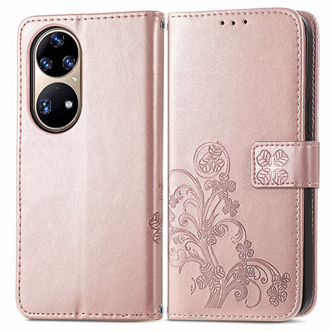 Handytasche Stand Schutzhülle Flip Leder Hülle Blumen für Huawei P50 Pro Rosa