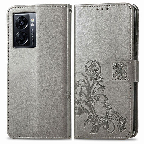 Handytasche Stand Schutzhülle Flip Leder Hülle Blumen für Oppo A57 5G Grau