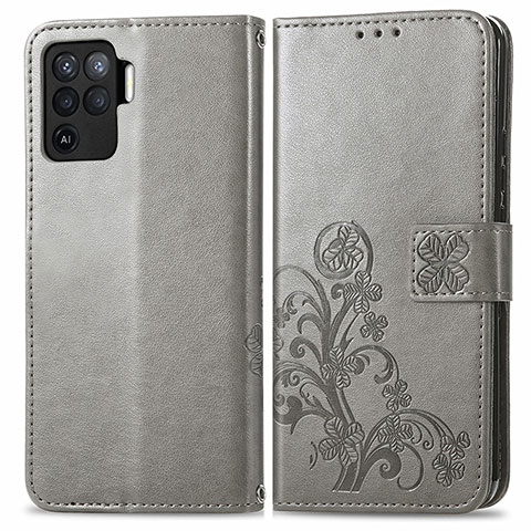 Handytasche Stand Schutzhülle Flip Leder Hülle Blumen für Oppo A94 4G Grau