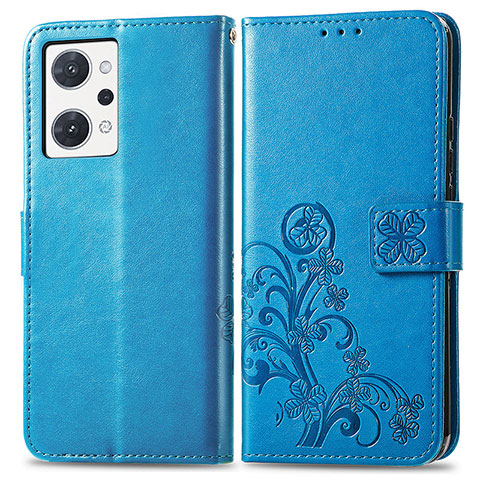 Handytasche Stand Schutzhülle Flip Leder Hülle Blumen für Oppo Reno7 A Blau