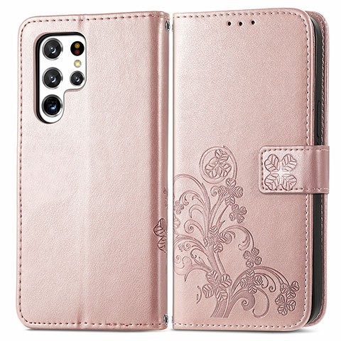 Handytasche Stand Schutzhülle Flip Leder Hülle Blumen für Samsung Galaxy S22 Ultra 5G Rosa