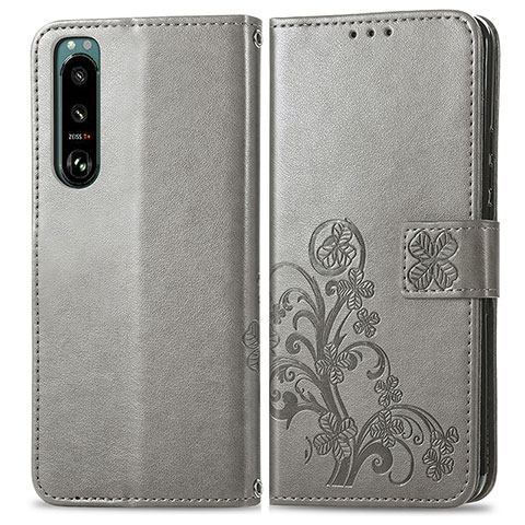 Handytasche Stand Schutzhülle Flip Leder Hülle Blumen für Sony Xperia 5 III SO-53B Grau