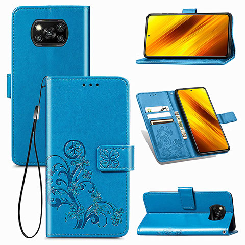 Handytasche Stand Schutzhülle Flip Leder Hülle Blumen für Xiaomi Poco X3 NFC Blau