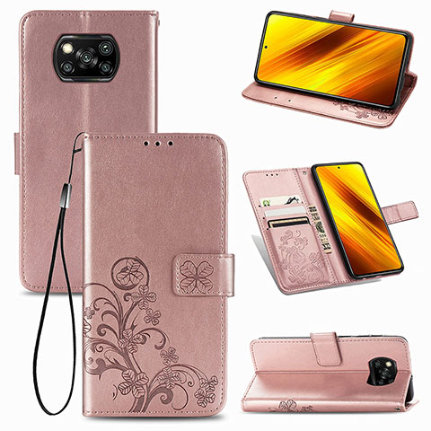 Handytasche Stand Schutzhülle Flip Leder Hülle Blumen für Xiaomi Poco X3 Pro Rosa