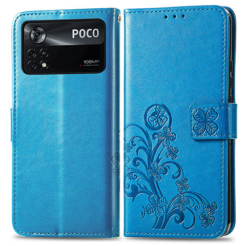 Handytasche Stand Schutzhülle Flip Leder Hülle Blumen für Xiaomi Poco X4 Pro 5G Blau