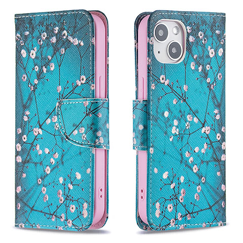 Handytasche Stand Schutzhülle Flip Leder Hülle Blumen L01 für Apple iPhone 13 Cyan