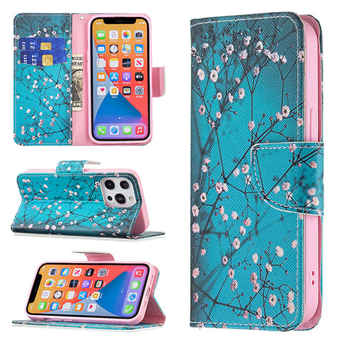 Handytasche Stand Schutzhülle Flip Leder Hülle Blumen L02 für Apple iPhone 13 Pro Max Cyan