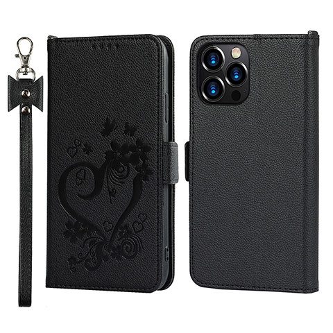 Handytasche Stand Schutzhülle Flip Leder Hülle Blumen L16 für Apple iPhone 14 Pro Schwarz