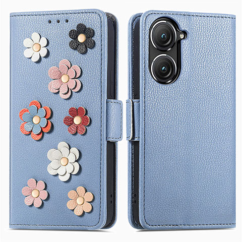 Handytasche Stand Schutzhülle Flip Leder Hülle Blumen S02D für Asus Zenfone 9 Blau