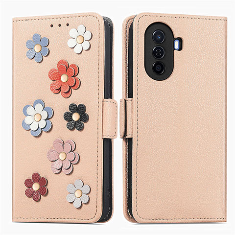 Handytasche Stand Schutzhülle Flip Leder Hülle Blumen S02D für Huawei Enjoy 50 Kahki