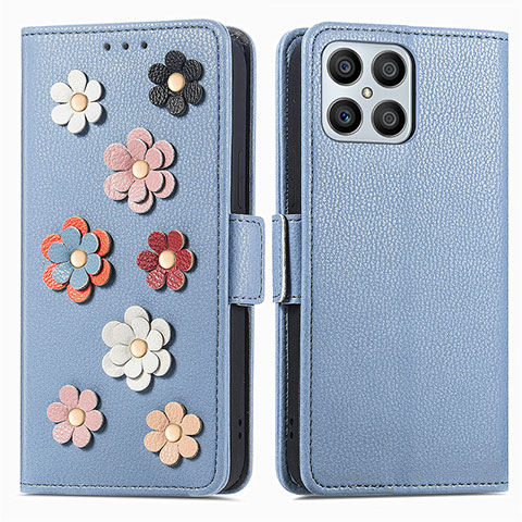 Handytasche Stand Schutzhülle Flip Leder Hülle Blumen S02D für Huawei Honor X8 4G Blau